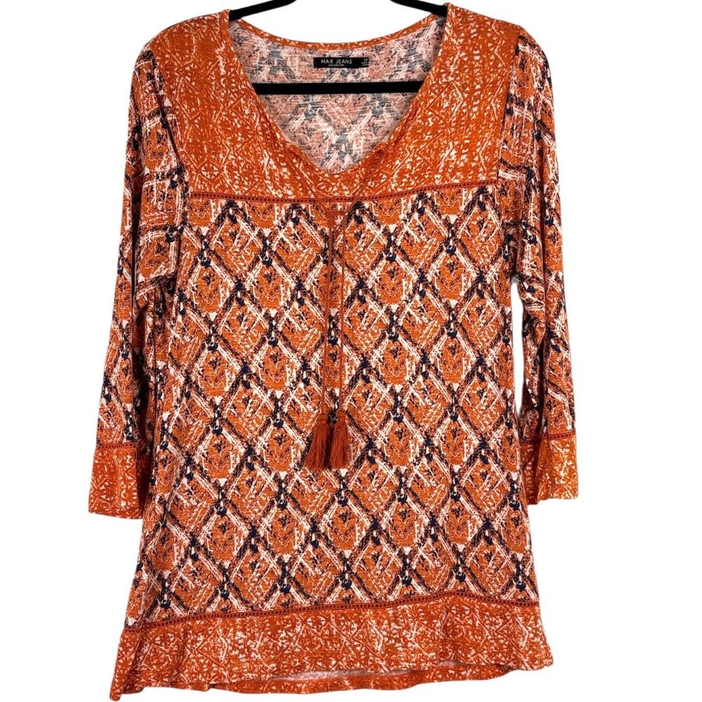 Max Jeans Boho Tunic Top Womenโs Medium Rust Orangeโ Diamond Print Tassel Tie